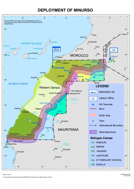 Division of Western Sahara under the terms of the 1991 ceasefire agreement. Map from MINURSO.